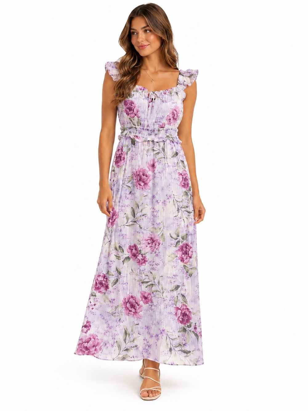 Mary & Mo Floral Maxi Dress Large Purple Ruffle Strap Smocked Waist Boho
